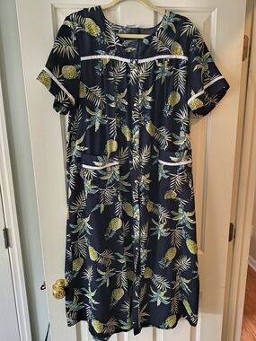 Navy Pineapple Print Short-Sleeve Duster